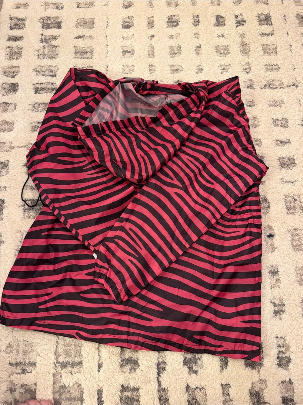 Sack-It Women's S/M Pink Black Striped Hooded Full Zip Drawstring Windbreaker